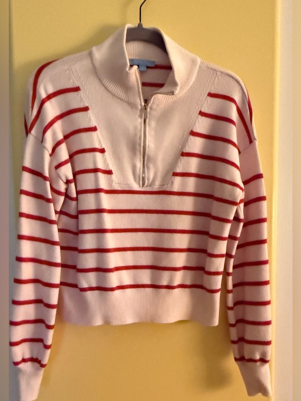 Draper James Cream Sweater with Red Stripes and Half-Zip